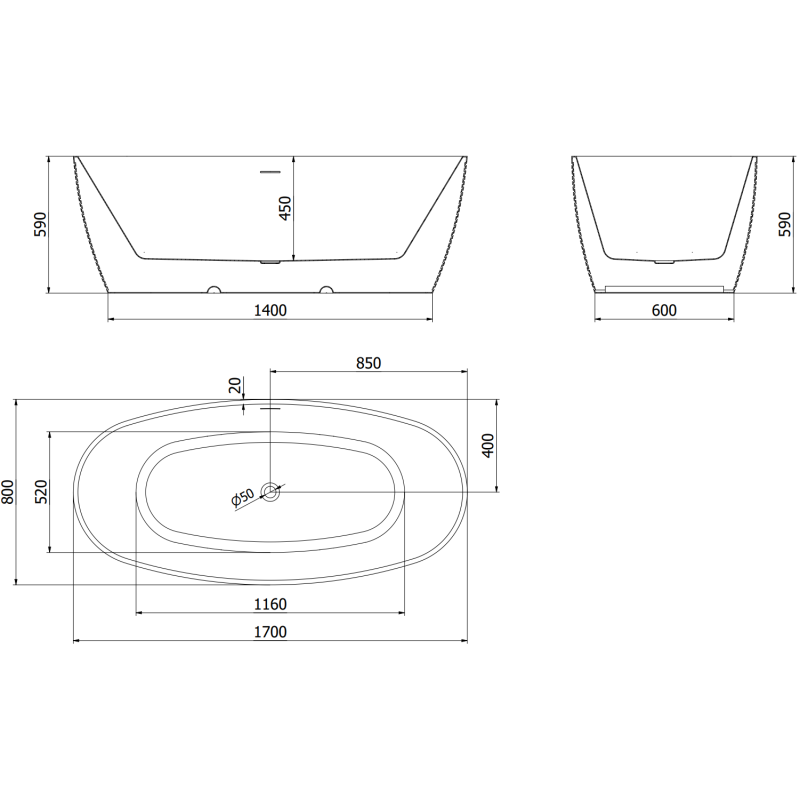 Mexen Lira szabadon álló kád minta 170 x 80 cm, fehér/fekete, gun gray kefélt túlfolyó - 52831708075-66