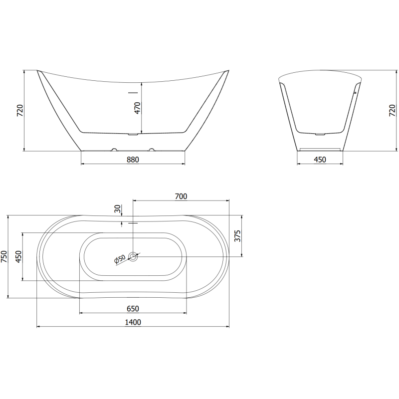 Mexen Lotos cadă de baie independentă 140 x 75 cm, albă/neagră, preaplin negru - 52051407775-70