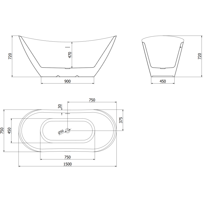 Mexen Lotos cadă de baie independentă 150 x 75 cm, albă/neagră, preaplin auriu - 52051507775-50