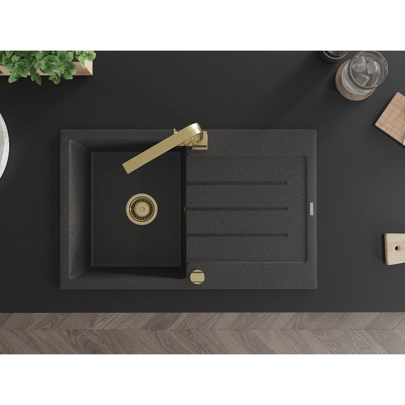 Mexen Bruno chiuvetă de granit cu 1 compartiment, cu picurător și baterie de bucătărie Rita, negru pătat - 6513-76-670300-50