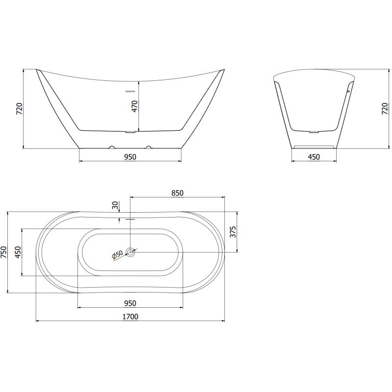 Mexen Lotos cadă de baie freestanding 170 x 75 cm, albă, preaplin auriu - 52051707700-50