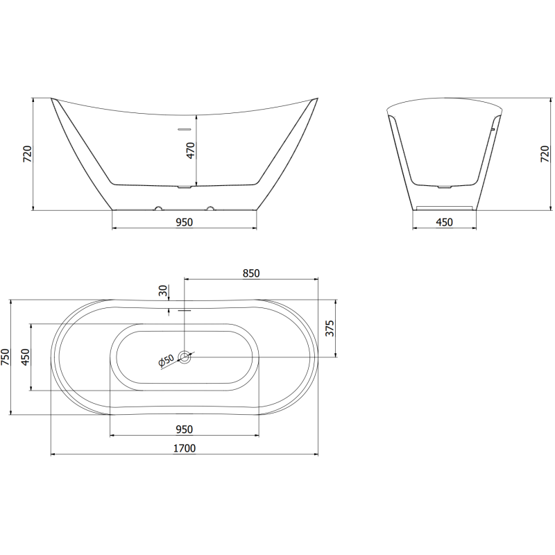 Mexen Lotos cadă freestanding 170 x 75 cm, albă, preaplin auriu periat - 52051707700-55