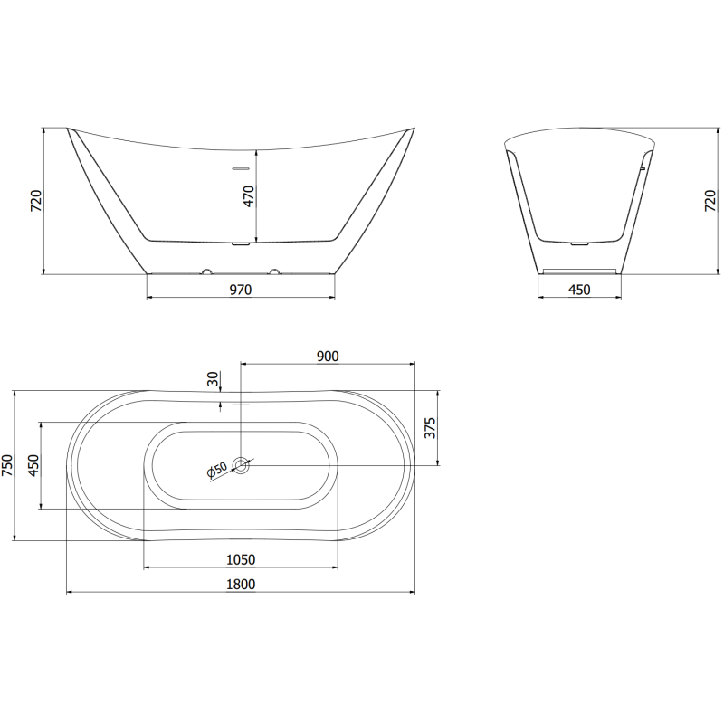 Mexen Lotos szabadon álló kád 180 x 75 cm, fehér, krómozott túlfolyó - 52051807700-01