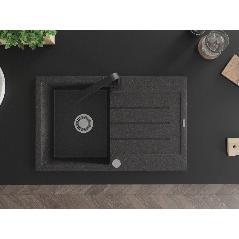 Mexen Bruno 1 rekeszes gránit mosogató csepegtetővel és Rita konyhai csapteleppel, fekete foltos - 6513-76-670300-70