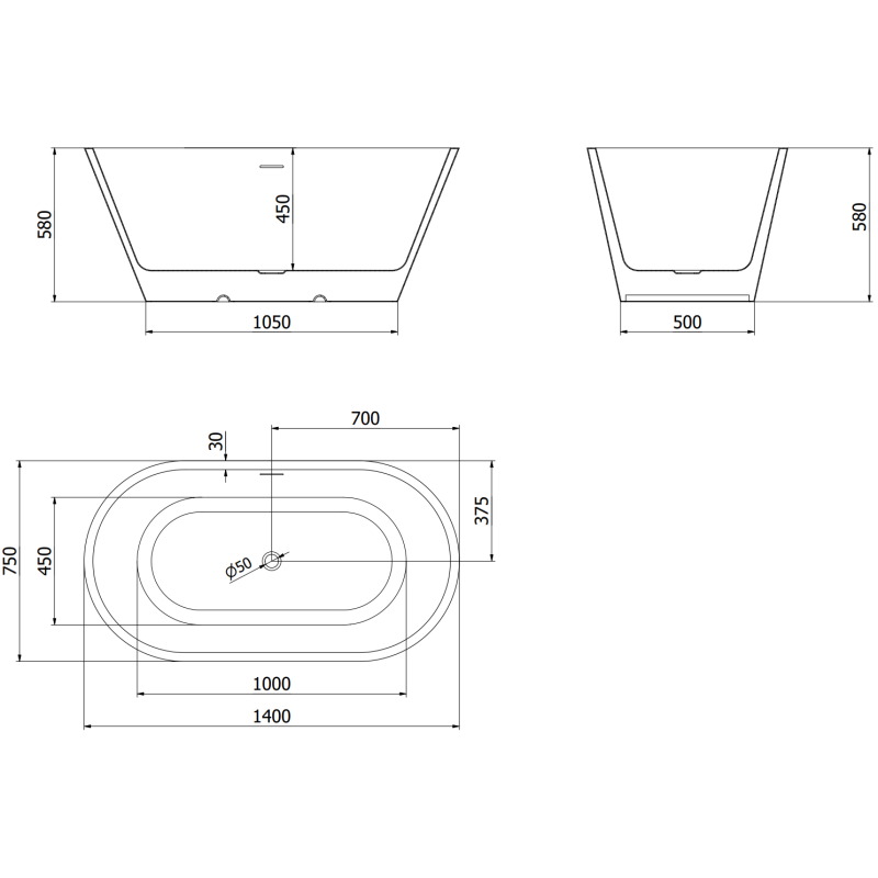 Mexen Luna szabadon álló kád 140 x 75 cm, fehér, fehér túlfolyó - 52031407500-20