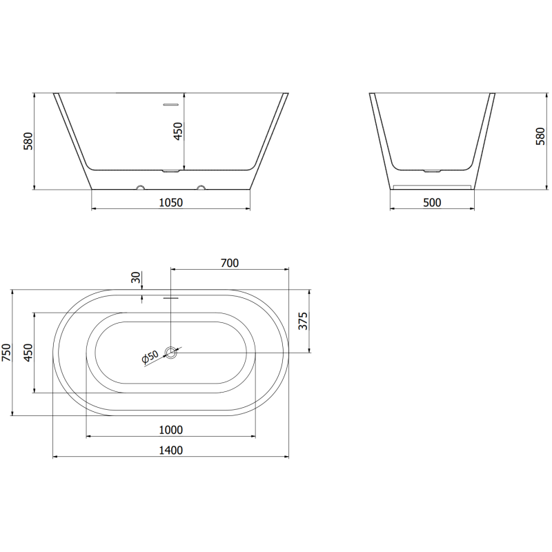 Mexen Luna cadă de baie freestanding 140 x 75 cm, albă/neagră, preaplin cupru periat - 52031407575-65