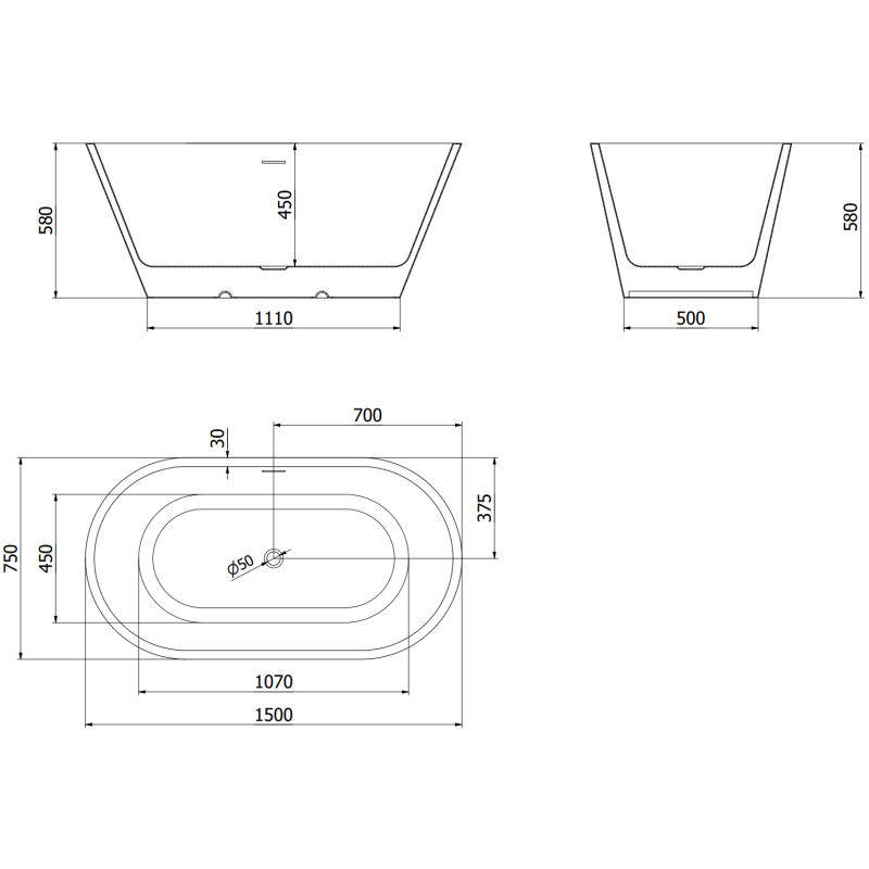 Mexen Luna cadă freestanding 150 x 75 cm, albă, preaplin gri pistol periat - 52031507500-66
