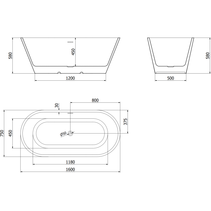 Mexen Luna cadă de baie freestanding 160 x 75 cm, albă, prea-plin cupru periat - 52031607500-65