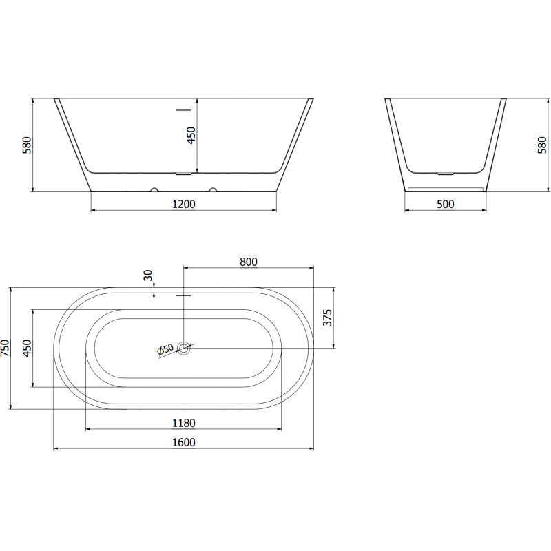 Mexen Luna szabadon álló kád 160 x 75 cm, fehér/fekete, réz túlfolyó - 52031607575-65