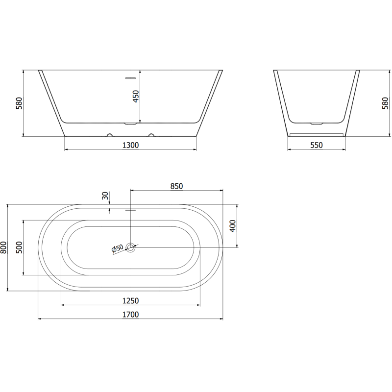 Mexen Luna cadă de baie freestanding 170 x 80 cm, albă, preaplin auriu - 52031708000-50