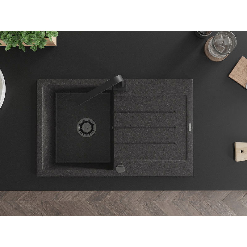 Mexen Bruno chiuvetă de granit cu 1 compartiment și scurgător și baterie de bucătărie Rita, negru pătat - 6513-76-670300-70-B