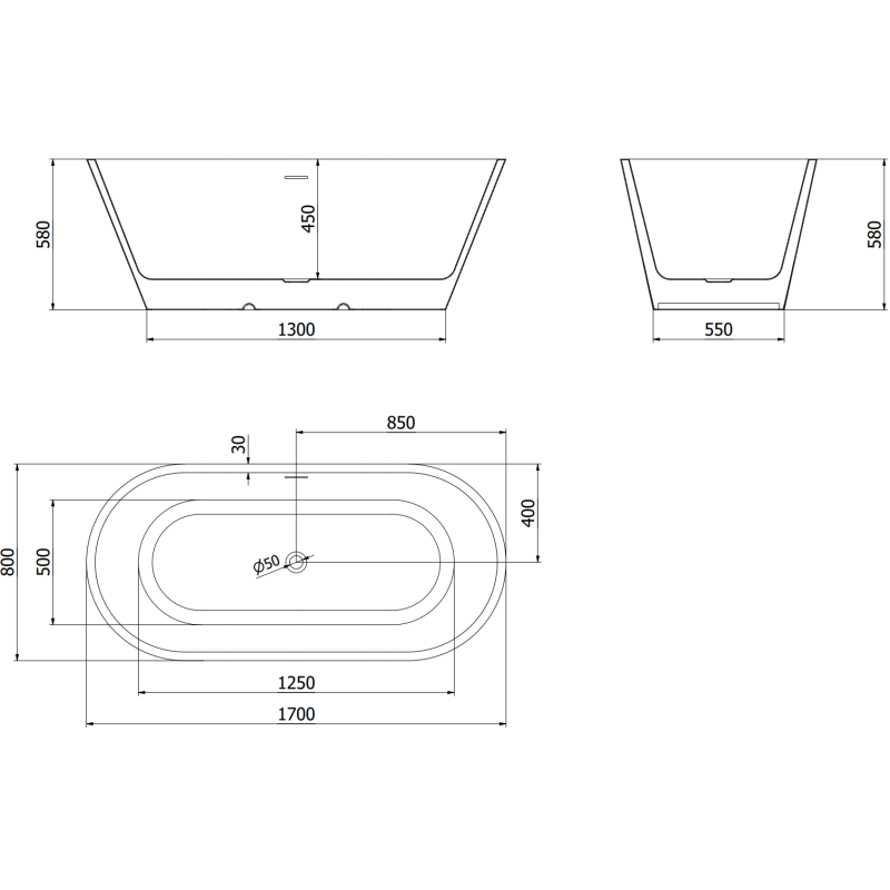 Mexen Luna cadă freestanding 170 x 80 cm, albă, preaplin nichel periat - 52031708000-97