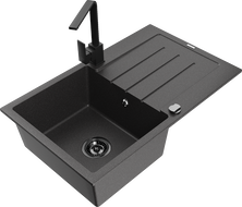 Mexen Bruno 1-medencés gránit mosogató csepegtetővel és Rita konyhai csapteleppel, fekete pettyes - 6513-76-670300-70-B