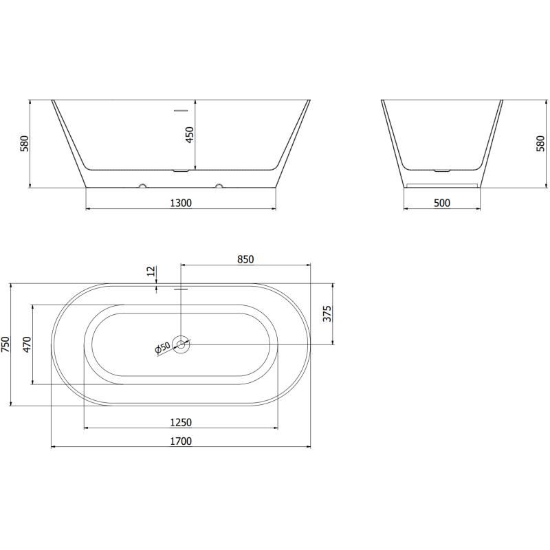 Mexen Luna Slim cadă freestanding 170 x 75 cm, albă, preaplin gri pistol periat - 52041707500-66