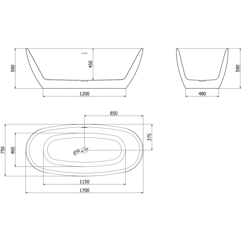 Mexen Luvo Slim szabadon álló kád 170 x 75 cm, fehér, fehér túlfolyó - 52801707500-20
