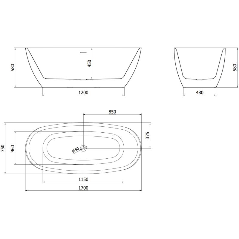 Mexen Luvo Slim szabadon álló kád 170 x 75 cm, fehér, kefélt nikkel túlfolyó - 52801707500-97