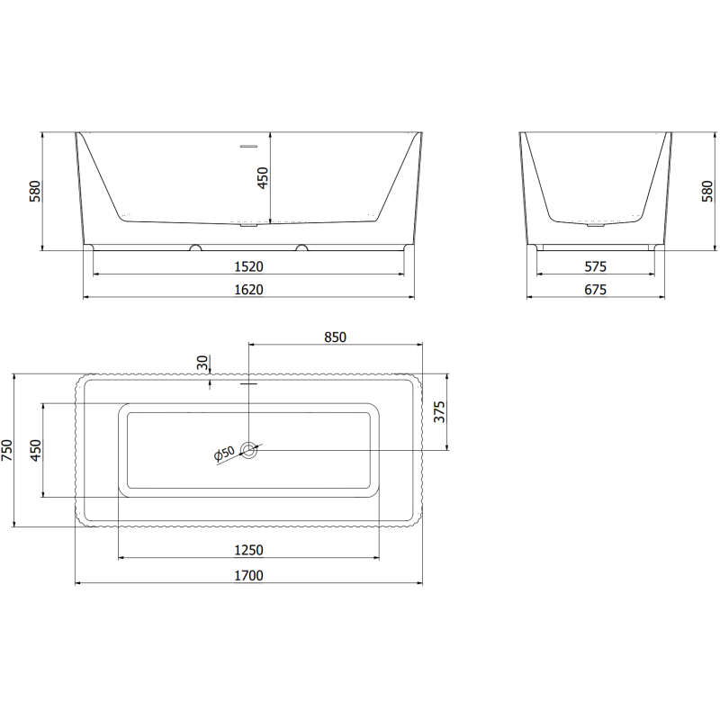 Mexen Nila cadă freestanding striată 170 x 75 cm, alb/negru, preaplin gri periat - 52841708075-66