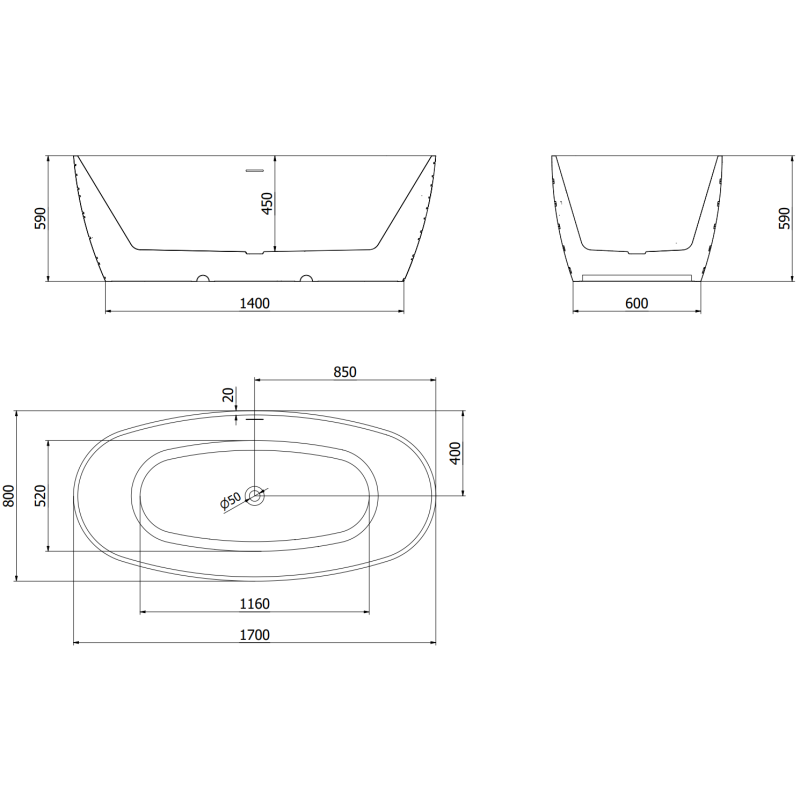 Mexen Olea cada freestanding model 170 x 80 cm, albă, prelabil aurie - 52821708000-50