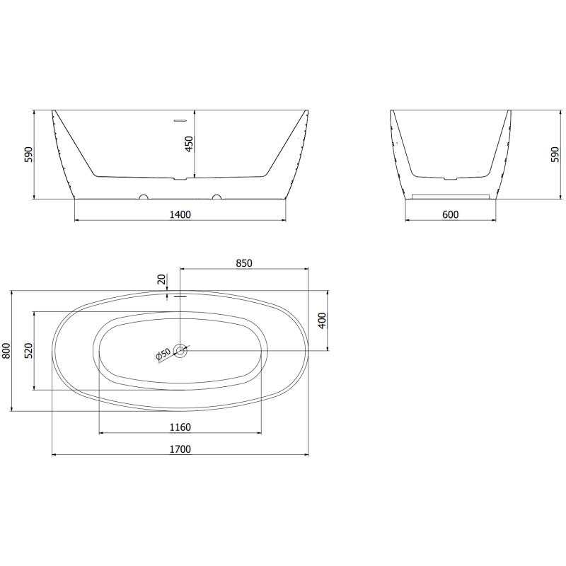 Mexen Olea szabadon álló kád minta 170 x 80 cm, fehér/fekete, túlfolyó rózsaszín arany - 52821708075-60