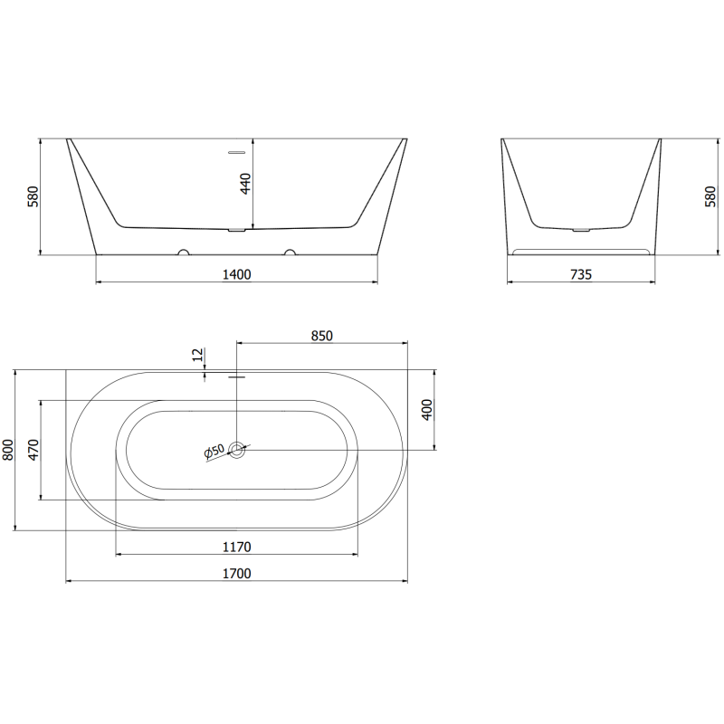 Mexen Oval Slim szabadon álló fali kád 170 x 80 cm, fehér, arany túlfolyó - 52661708000-50