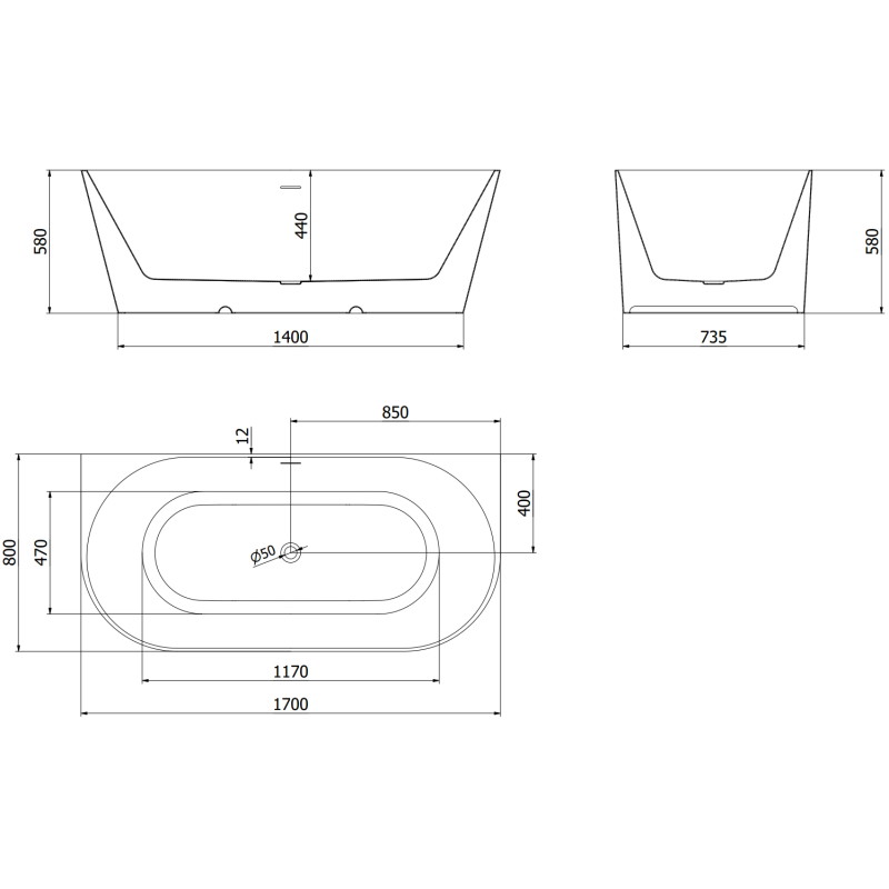 Mexen Oval Slim cadă de baie freestanding lângă perete 170 x 80 cm, albă, preaplin cupru periat - 52661708000-65