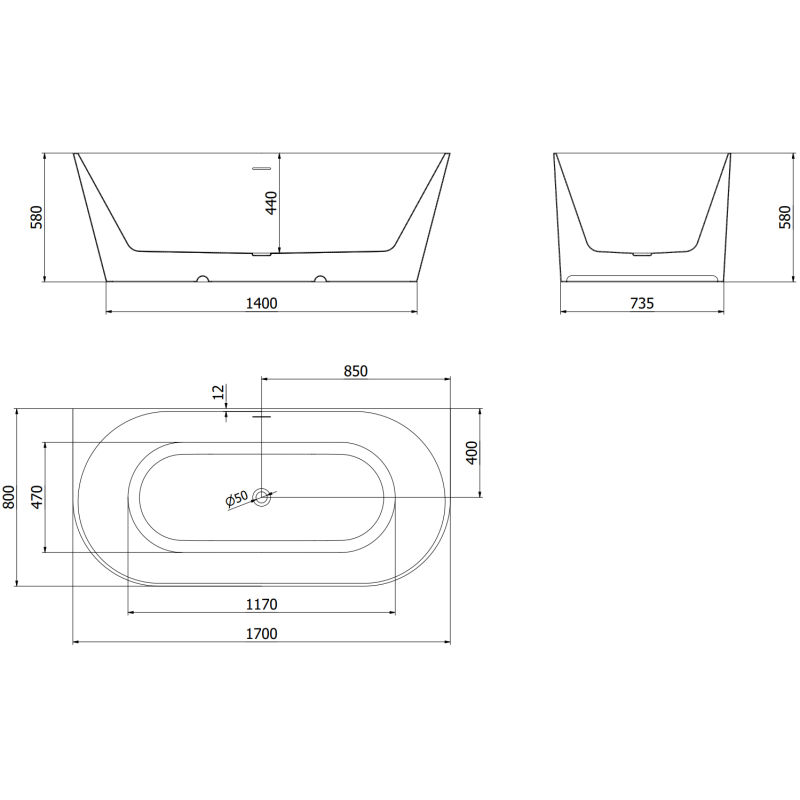 Mexen Oval Slim cadă de baie independentă de perete 170 x 80 cm, alb/gri, preaplin alb - 52661708062-20