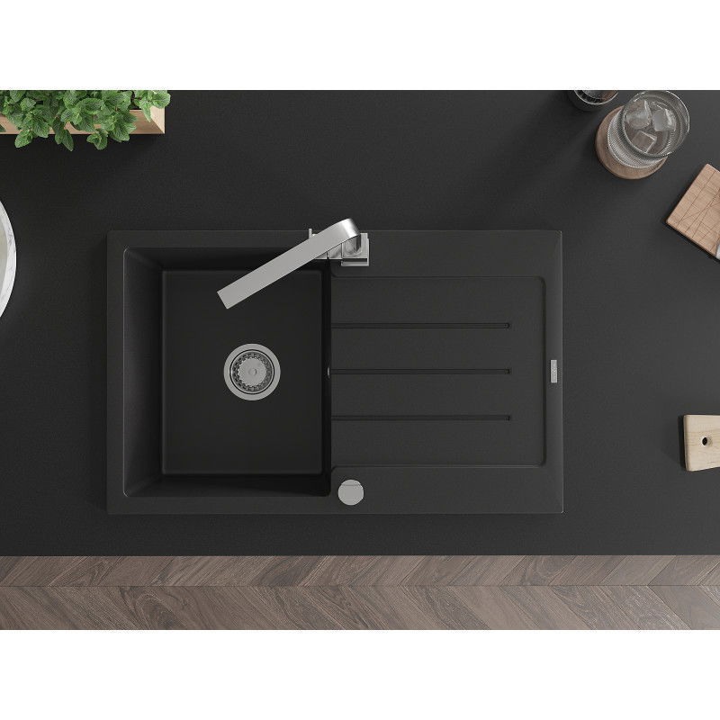 Mexen Bruno chiuvetă de granit cu 1 compartiment cu scurgător și baterie de bucătărie Rita, negru - 6513-77-670300-00