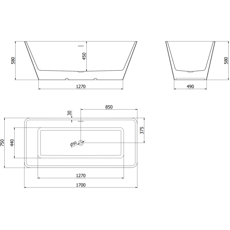 Mexen Tava szabadon álló bordázott kád 170 x 75 cm, fehér/fekete, rózsaarany lefolyó - 52851707575-60