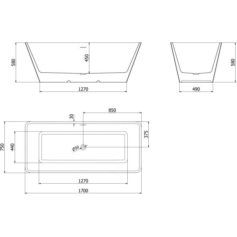 Mexen Tava cadă freestanding cu caneluri 170 x 75 cm, alb/negru, preaplin gun gray periat - 52851707575-66