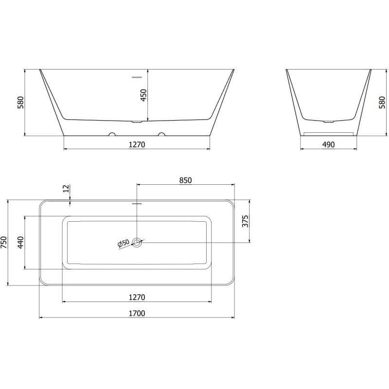 Mexen Velo Slim szabadon álló kád 170 x 75 cm, fehér/fekete, fehér túlfolyó - 52811707575-20