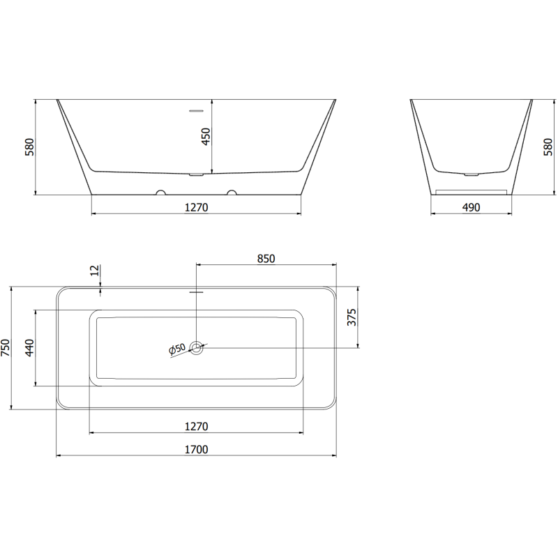 Mexen Velo Slim szabadon álló kád 170 x 75 cm, fehér/fekete, arany szálcsiszolt túlfolyó - 52811707575-55