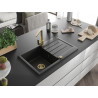 Mexen Bruno chiuvetă de bucătărie granit cu 1 compartiment, cu picurător și baterie Rita, negru - 6513-77-670300-50