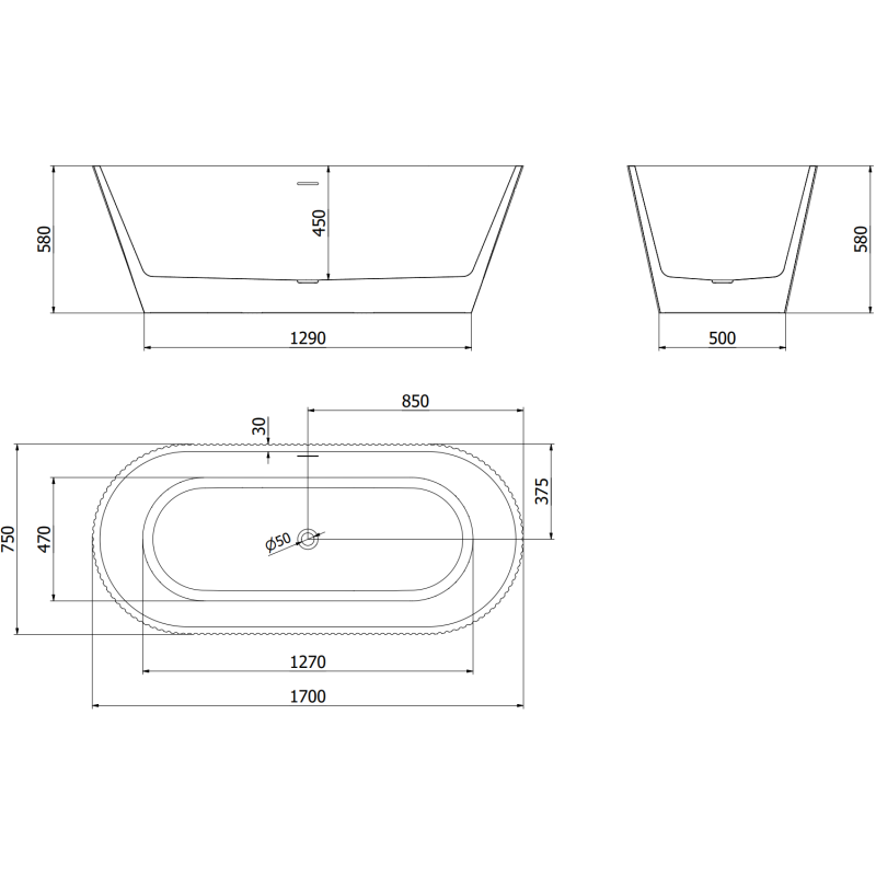 Mexen Yara cadă de sine stătătoare cu finisaj striat 170 x 75 cm, albă/neagră, preaplin gun metal - 52861707575-95