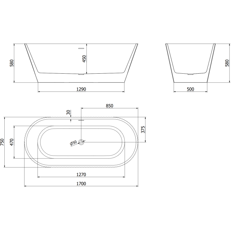 Mexen Yara cadă freestanding cu striații 170 x 75 cm, albă/neagră, preaplin nichel periat - 52861707575-97