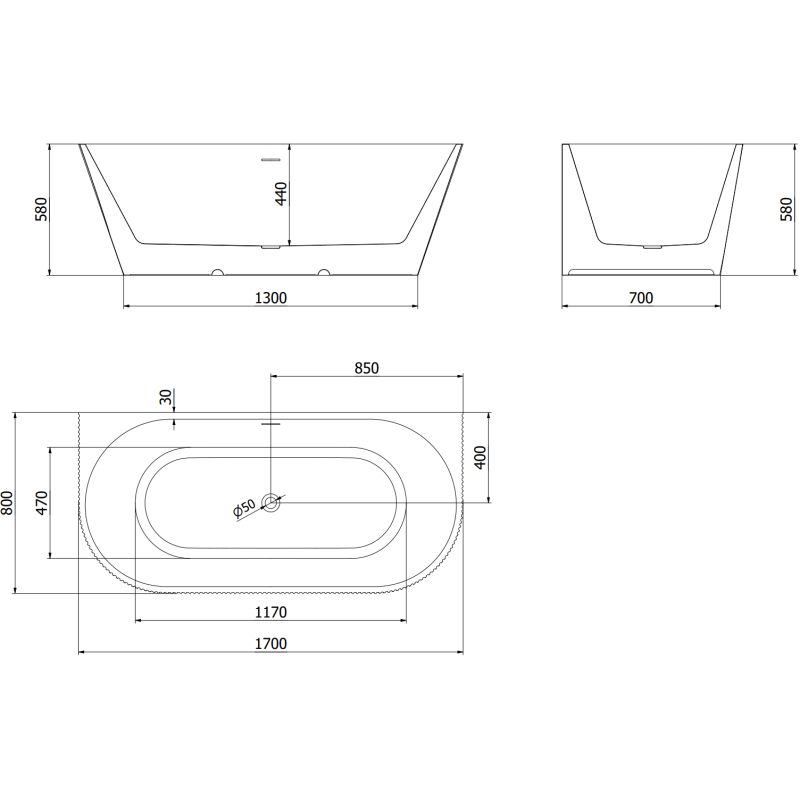 Mexen Oris cadă freestanding cu nervuri 170 x 80 cm, alb/gri, preaplin cromat - 52871708062-01