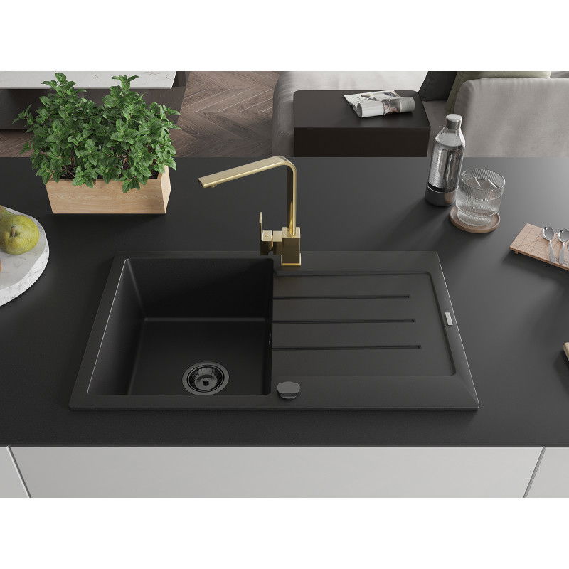 Mexen Bruno egymedencés gránit mosogató csepegtetővel és Rita konyhai csapteleppel, fekete - 6513-77-670300-50-B