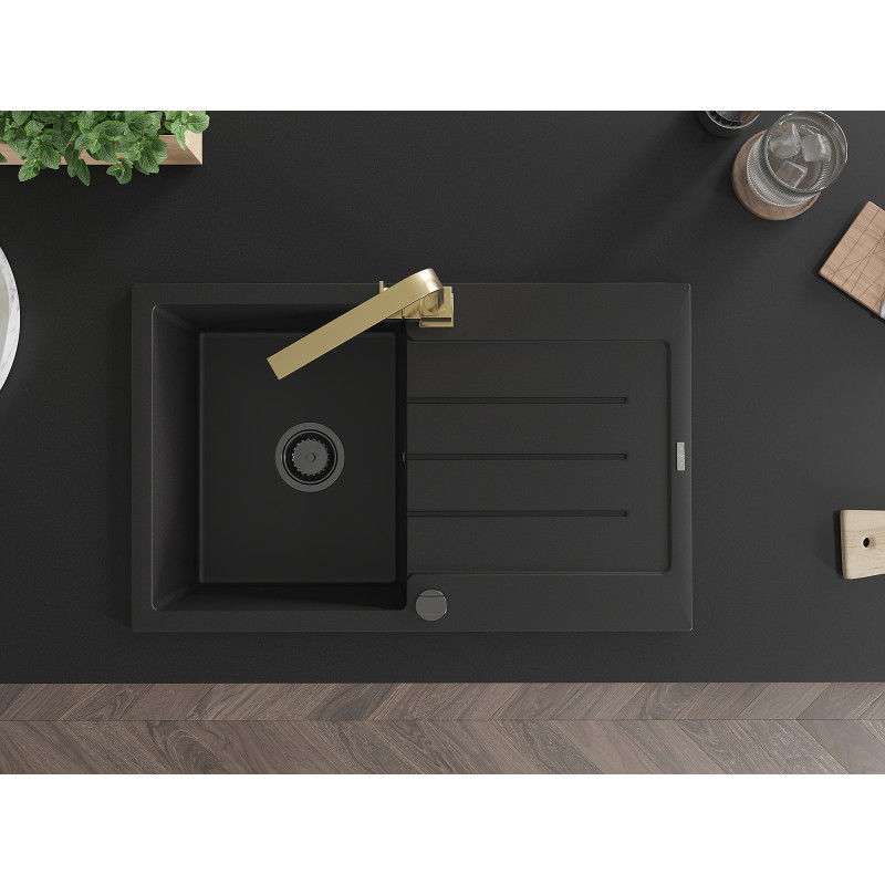 Mexen Bruno chiuvetă granit 1-cameră cu scurgător și robinet de bucătărie Rita, negru - 6513-77-670300-50-B