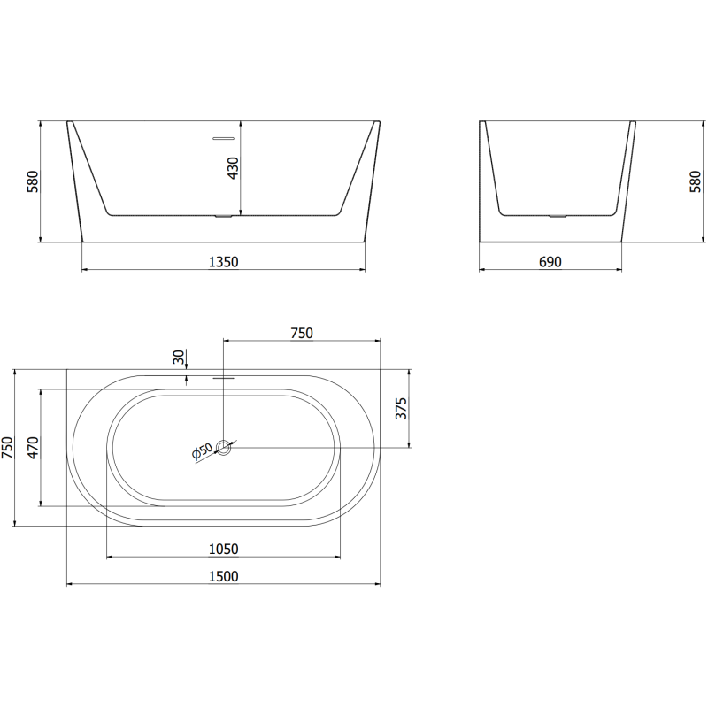 Mexen Oval cadă de baie de sine stătătoare pe perete 150 x 75 cm, albă, preaplin negru - 52671507500-70