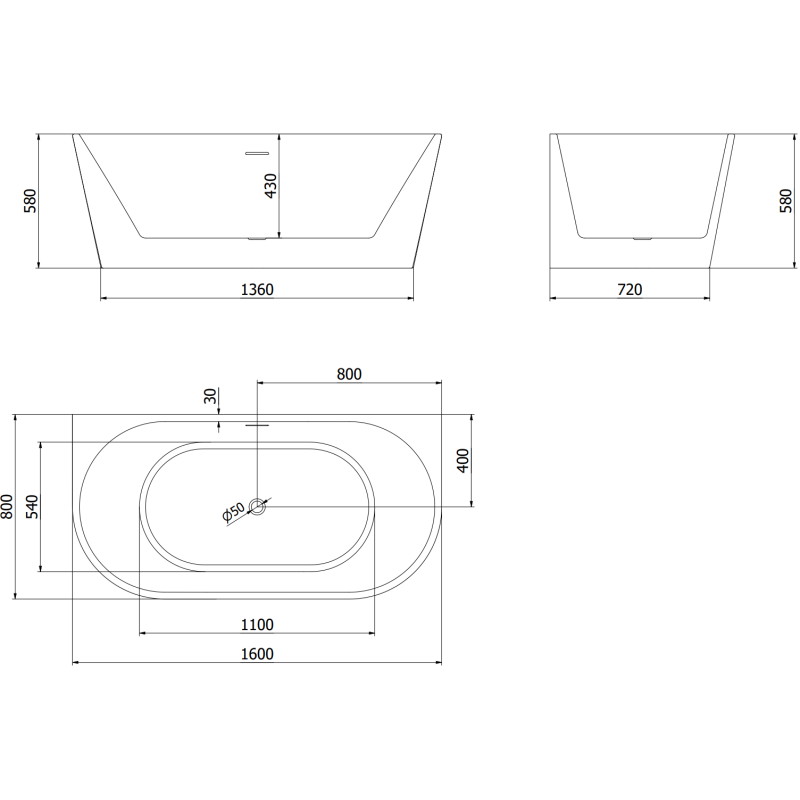Mexen Oval cada independentă de perete 160 x 80 cm, albă, preaplin gun metal - 52671608000-95