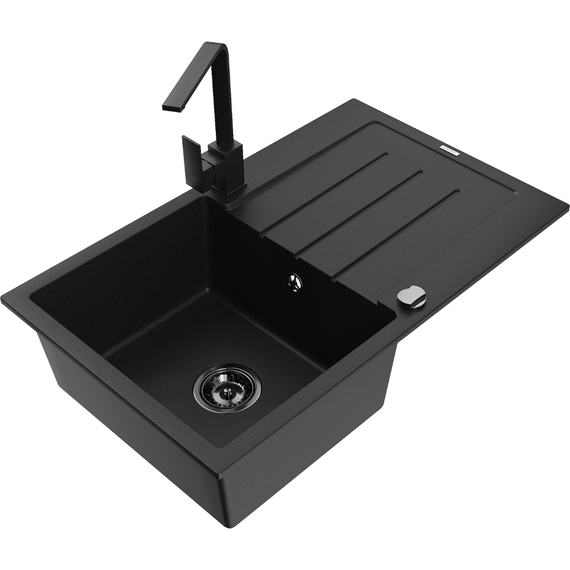 Mexen Bruno egymedencés gránit mosogató csepegtetővel és Rita konyhai csapteleppel, fekete - 6513-77-670300-70-B