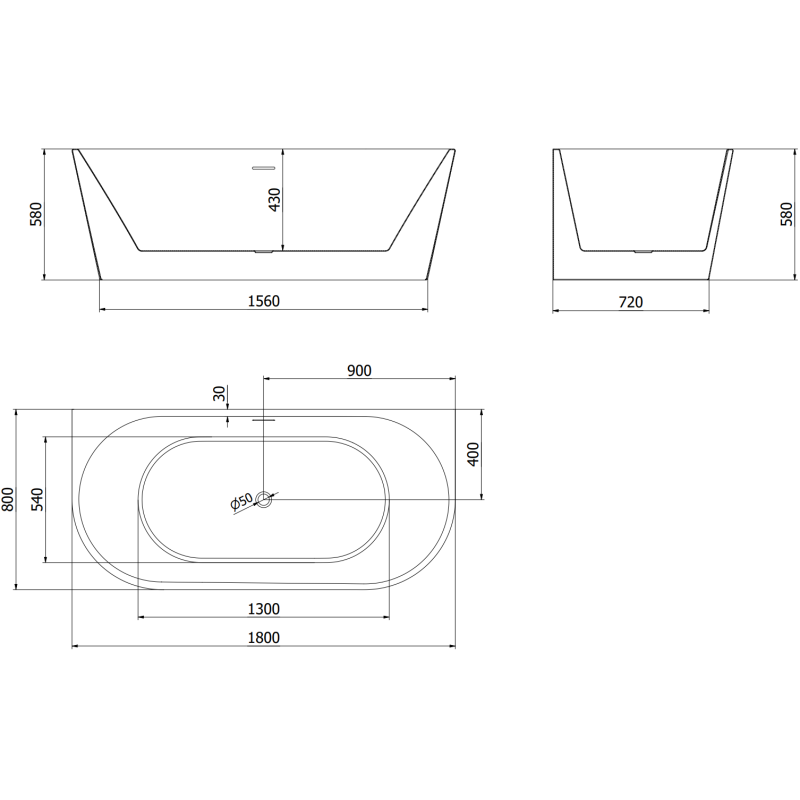 Mexen Oval cadă freestanding lipită de perete 180 x 80 cm, albă, preaplin auriu - 52671808000-50