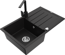 Mexen Bruno chiuvetă de bucătărie din granit cu 1 cuvă cu scurgător și baterie de bucătărie Rita, negru - 6513-77-670300-70