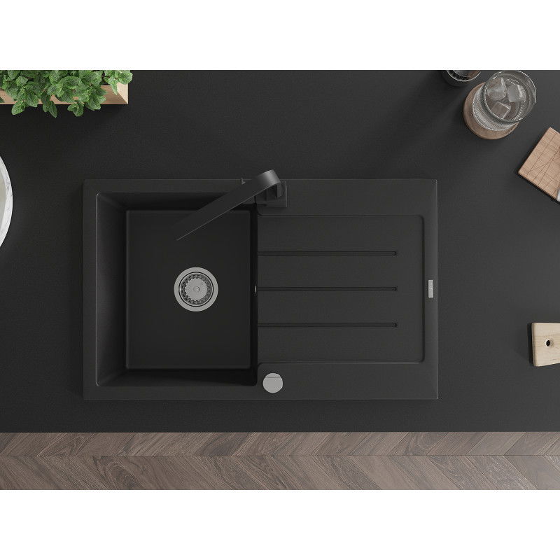 Mexen Bruno 1 rekeszes gránit mosogató csepegtetővel és Rita konyhai csappal, fekete - 6513-77-670300-70