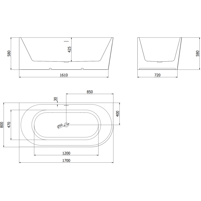Mexen Silo szabadon álló sarok fürdőkád bal oldali bordázott 170 x 80 cm, fehér, króm túlfolyó - 52891708000L-01