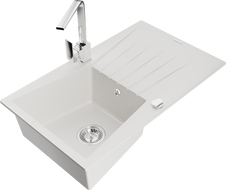 Mexen Cesar chiuvetă de granit cu 1 compartiment și scurgător și baterie de bucătărie Rita, alb - 6514-20-670300-00