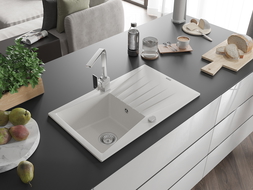 Mexen Cesar 1 rekeszes gránit mosogató csepegtetővel és Rita konyhai csapteleppel, fehér - 6514-20-670300-00