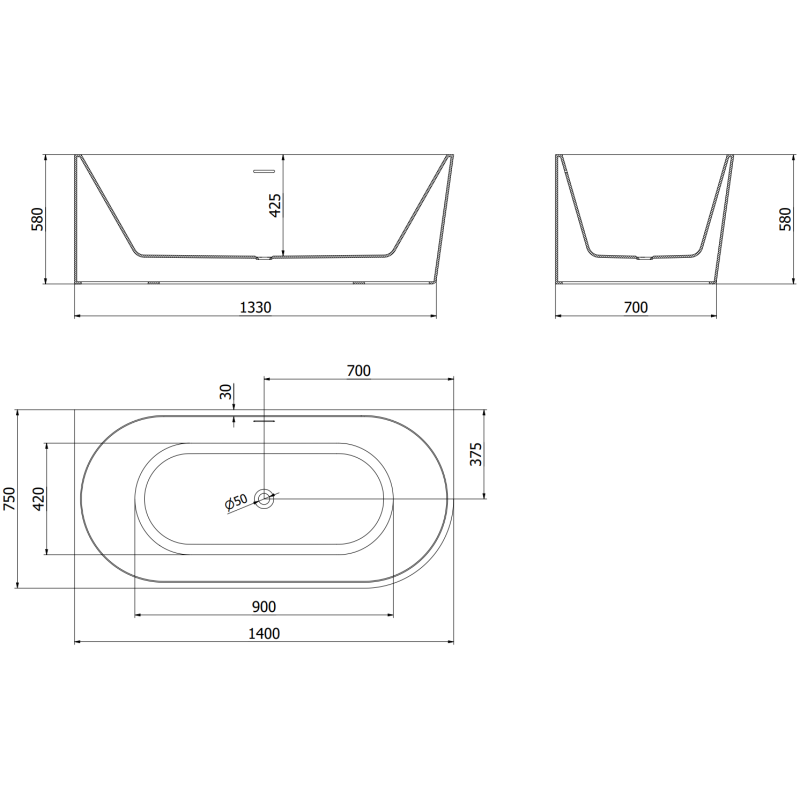 Mexen Mia szabadon álló sarokkád balos 140 x 75 cm, fehér/fekete, fehér túlfolyó - 52691407575L-20