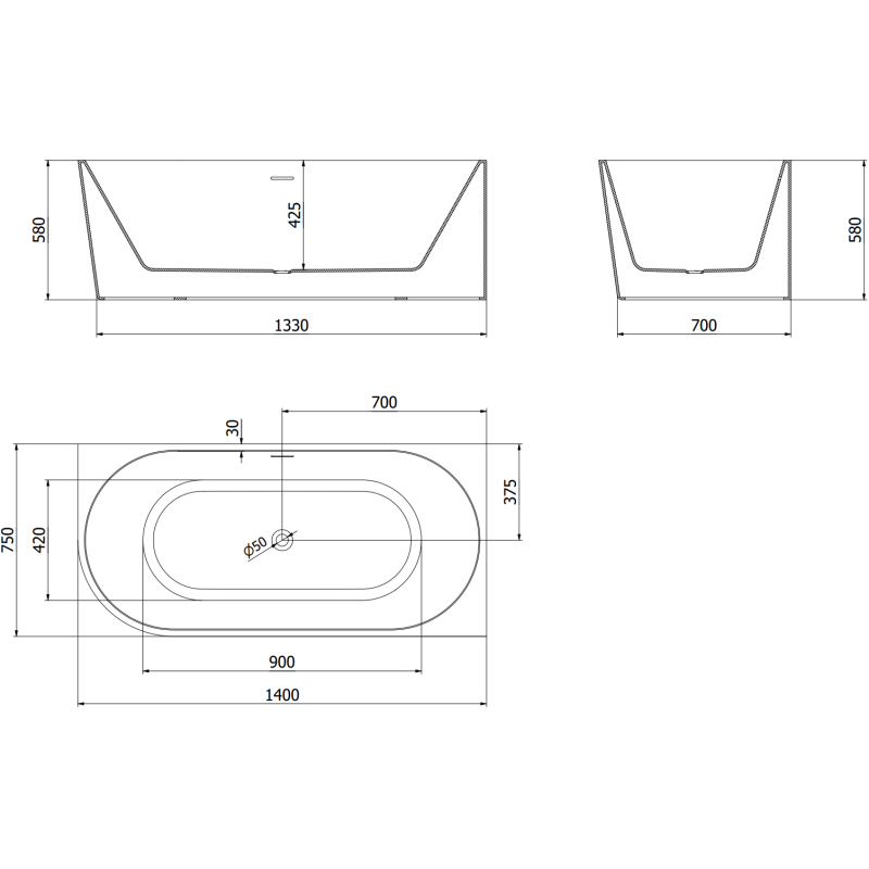 Mexen Mia szabadon álló sarokkád jobb 140 x 75 cm, fehér, réz túlfolyás - 52691407500P-65