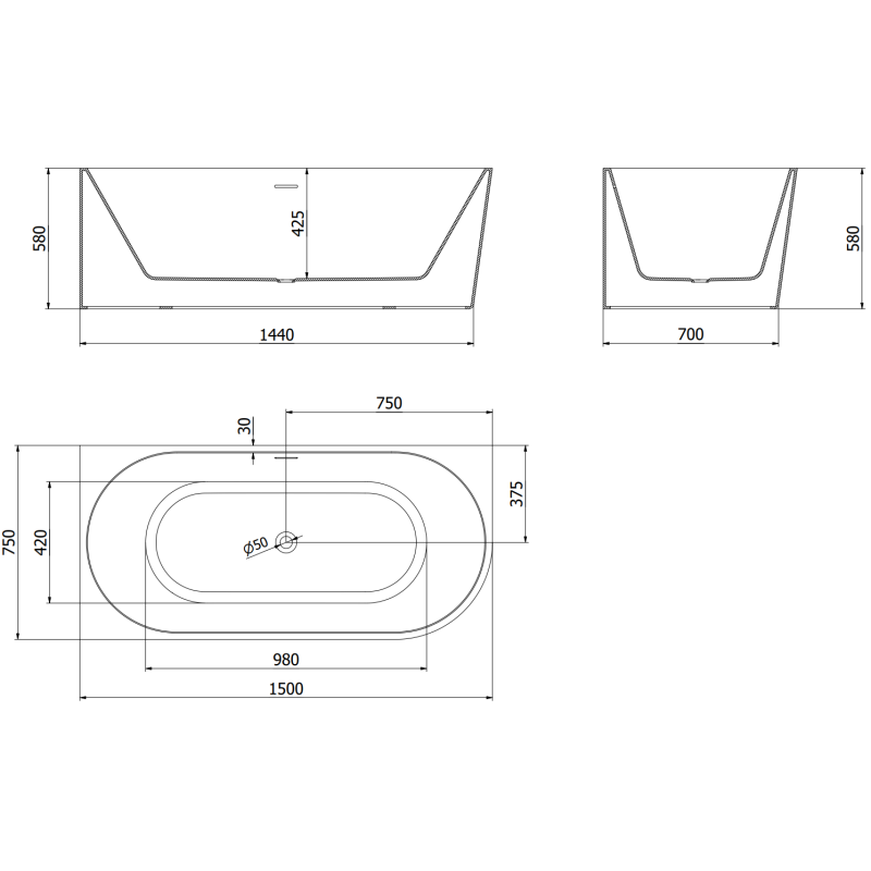 Mexen Mia cadă freestanding colțar stânga 150 x 75 cm, albă, preaplin auriu - 52691507500L-50