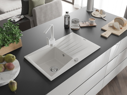 Mexen Cesar 1 rekeszes gránit mosogató csepegtetővel és Rita konyhai csapteleppel, fehér - 6514-20-670300-20